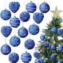 24 Pcs Sequin Christmas Blue Balls Ornaments Heart Ornaments Xmas Ball Decorations Shatterproof Hanging Pearl Balls for Christmas Holiday Wedding Party