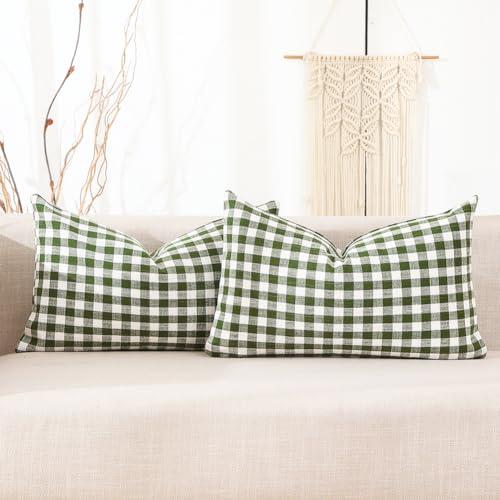 CARRIE HOME Sage Green Farmhouse Plaid Lumbar Pillow Covers 12x20 Set of 2, 12 x 20 Spring Outdoor Lumbar Pillows, Green and White Buffalo Plaid Decorative Couch Pillows (No Pillow Inserts)