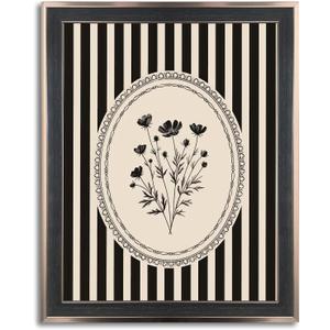 Framed Stripes Flower Canvas Wall Art Black White Striped Botanical Floral Wall Decor Pictures Vintage Cottage Wildflower Poster Prints for Living Room Bedroom Office 8x10in Ready to Hang