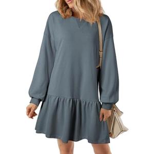 BLENCOT Long Sleeve Pullover Sweatshirt Dress for Women 2024 Fall Winter Casual Patchwork Loose Crewneck Rib Knit Mini Dresses Sport Workout Ashleigh Blue X-Large