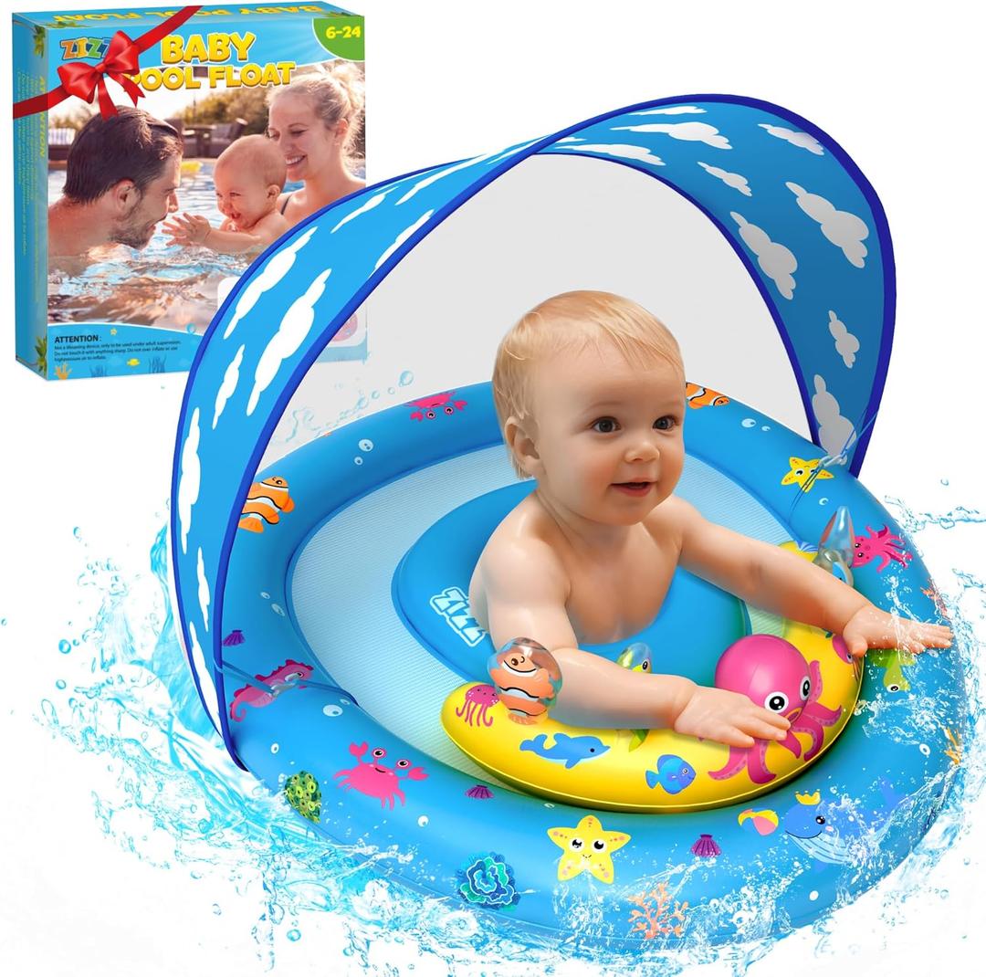 ZIZZ Baby Pool Float with Canopy - 2025 New Inflatable Baby Swim Float with UPF50+Sun Protection, Baby Infant Pool Float with Toy Play Console Adjustable Seat for Toddler Kids Aged 6-36 Months (Blue)