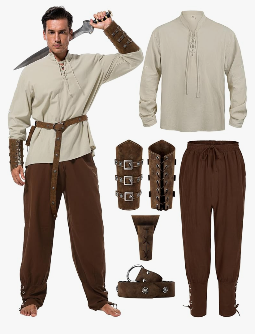 Halloween Renaissance Costume Men, Medieval Costume Men Renaissance Outfit Viking Shirt Pants Belt Accessories M