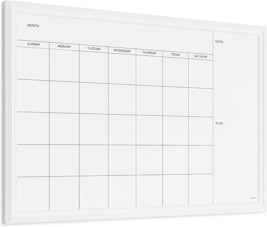 U Brands Magnetic Dry Erase Calendar White Board, 30" x 20", White Wood Style Frame, Includes Magnets