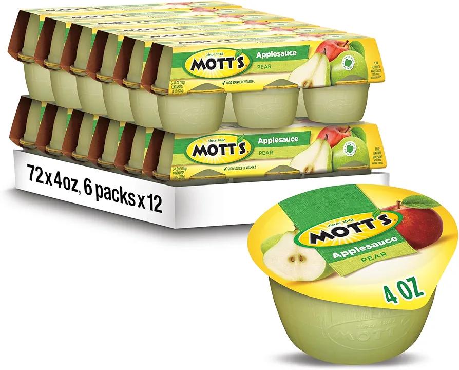Mott's Pear Applesauce, 4 Oz Cups, 72 Count (12 Packs Of 6), No Artificial Flavors, Good Source Of Vitamin C, Nutritious Option For The Whole Family