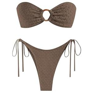 ZAFUL Women's Bandeau Bikini Strapless O Ring Lace Tie Back High Cut Two Piece Swimsuit Bathing Suits (2-Deep Brown, S)