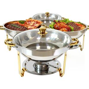 6QT Chafing Dishes for Buffet, Stainless Steel Food Pan with Glass Lid, Round Chafing Dish Buffet Set of 4 Pack Food Warmer, Food Warmers for Parties Buffet Catering Events Dinners, Gold & Silver