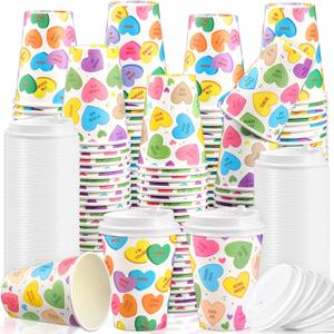 80 Set 12 oz Valentine's Day Disposable Coffee Cups with Lids Bulk Love Conversation Heart Paper Cup for Valentines Hot Chocolate Cocoa Tea for Anniversary Party Supplies Decor(Fresh Style)