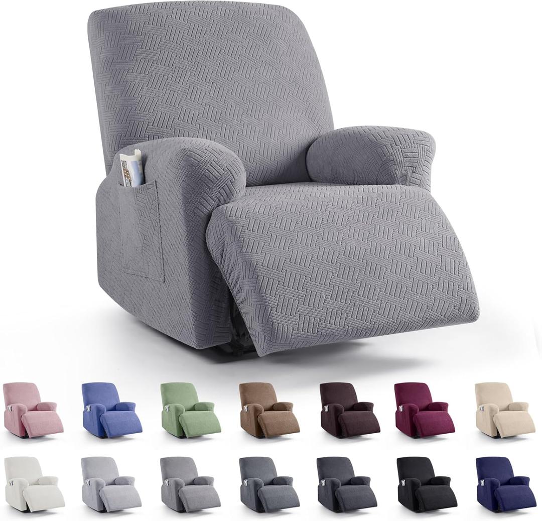 KinCam Recliner Covers, Stretch Reclining Chair Covers, Recliner Sofa Slipcovers Stripe Jacquard Recliner Couch Covers Furniture Protector Covers for Pet Kid (1 Seater, Light Gray)