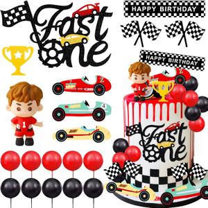MEMOVAN Race Car Cake Topper Red Black Balls Cake Toppers Fast One Cake Decorations 1st Birthday Cake for Boy's Kids Racing Car Checkered Flag Themed BirthdayParty Favors