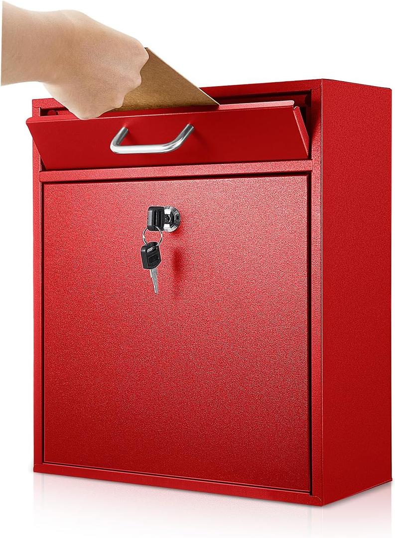 Locking Mailbox with Key for Outdoor 12 x 10.5 x 4.7 Inches Large Wall Mount Mail Box with Lock Security Mail Drop Metal Collection Boxes Hanging Secure Postbox (Red)