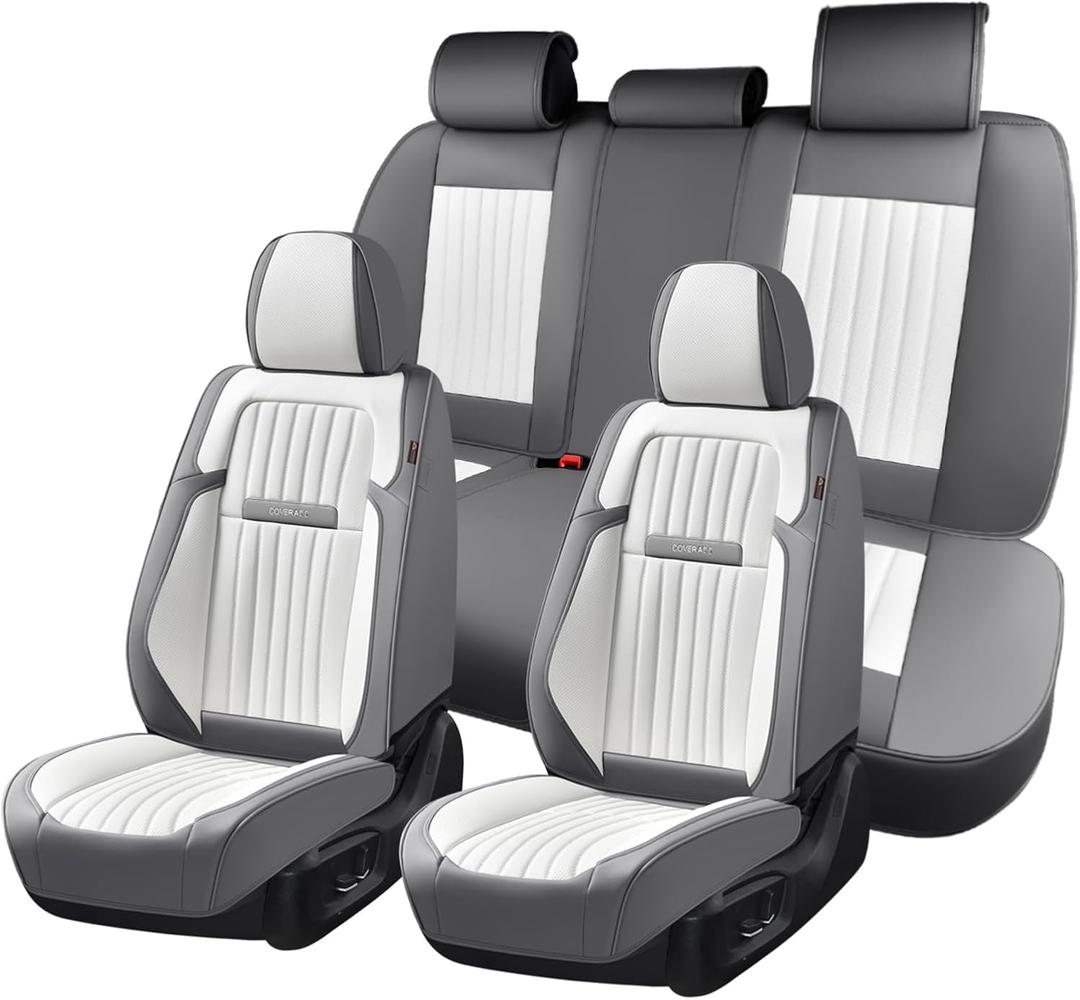 Coverado Car Seat Covers Full Set, Seat Covers for Cars, Car Seat Cover, Car Seat Protector, Leather Car Seat Cushion, Waterproof Car Seat Covers Front Seats and Back Fit for Most Cars(Gray&White)