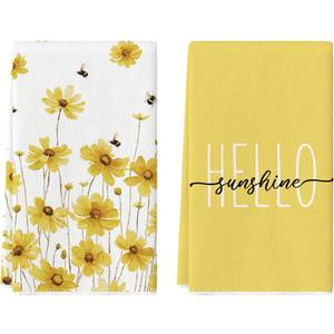 Artoid Mode Yellow Flowers Bee Hello Sunshine Spring Kitchen Towels Dish Towels, 18x26 Inch Summer Holiday Decoration Hand Towels Set of 2