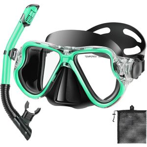 Snorkeling Gear for Adults Kids, Dry Snorkeling Set, Panoramic Anti-Leak and Anti-Fog Tempered Glass Lens, Adjustable Strap Snorkel Set with Mesh Bag Ear Plug for Snorkeling Scuba Diving Travel (Kids(3-14 Ages), Turquoise Blue)