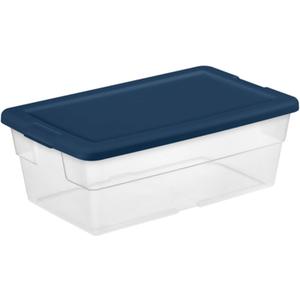 Sterilite Stackable 6 Quart Clear Home Storage Box with Handles and Blue Lid for Efficient, Space Saving Household Storage and Organization, 5 Pack