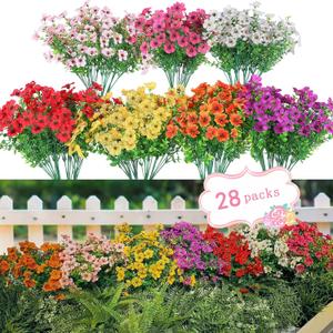 WEAUSUP 28 Bundles Artificial Plants & Flowers Silk Fake Flowers UV Resistant Bushes Plastic Artificial Flowers Faux Outdoor Indoor Plants for Spring Summer Patio Decorations(7 Colors)