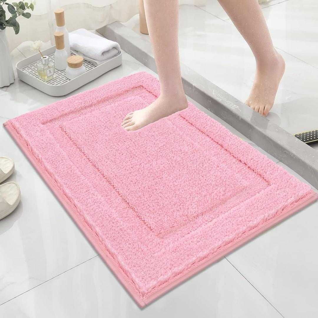 SHACOS Super Soft Small Bathroom Rugs 16x24 inch Non Slip Washable Bath Rugs Microfiber Bath Mats for Bathroom Floor Tub Shower Vanity Sink Decor Accessories, Pink 1'4" x 2'