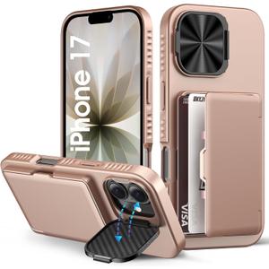 for iPhone 17 Wallet Case with Camera Cover Stand, Card Holder (3-5 Cards), Military Grade Drop Protection, Heavy Duty Women Men Hard Shockproof Phone Case for iPhone 17 6.3" 2025, Rose Gold