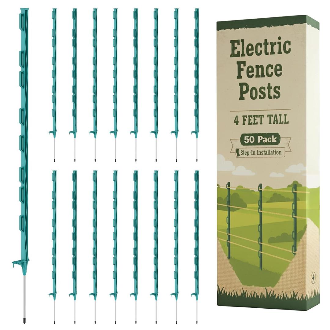 Houseables Electric Fence Posts, Step in Fence Post 4FT, Electric Fencing, Garden Stakes, Garden Poles, Kit for Wire, Deer, Livestock, Temporary, Fiberglass, Plastic, Green, Ground Rod, 4 Feet, 50 PK