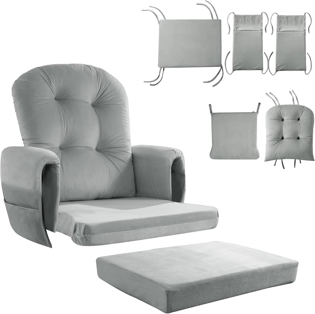 HOMBYS Glider Rocker Replacement Cushions 5 PCS with Storage Side Pocket, Velvet Fabric, Foam & Microfiber Filling, Non-Slip & Washable,Thickened & Supportive for Glider Rocking Chair-Light Grey, 22"W*21.2"L