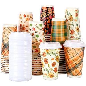 Irenare Thanksgiving Disposable Coffee Cups with Lids 16 oz Fall Maple Leaves Paper Coffee Cups Thanksgiving Party Supplies for Office Home Tea Autumn Harvest Party