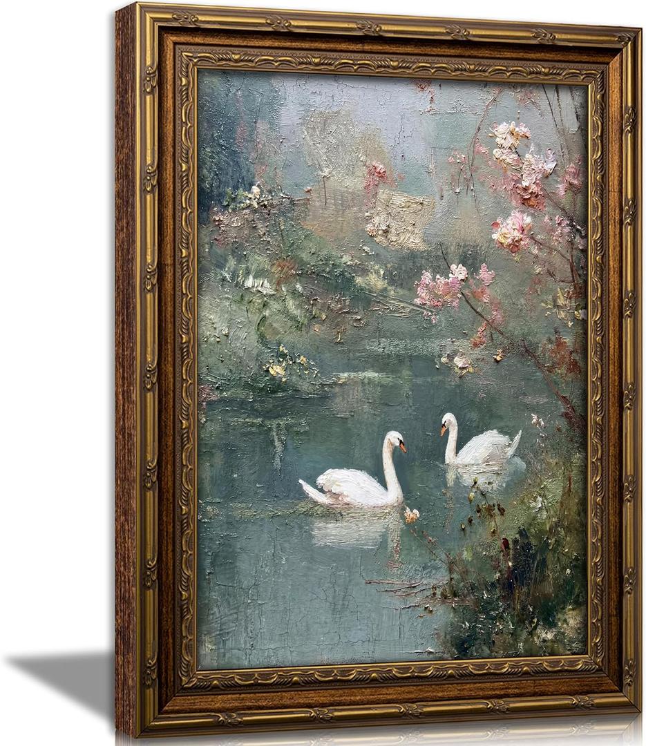 Vintage Gold Framed Swan Wall Art, White Swan Couple in Romantic Flowers Lake Scene Wall Decor, Classical Pink Floral Lake Animal Oil Poster, Spring Summer Nature Artwork for Living Room Bedroom, 24"Lx16"W
