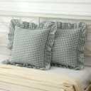 Mywinlle 2 Pack Vintage Green Plaid Ruffle Euro Shams,Washed Cotton Checkered Gingham Pillow Covers 26"x26" for Sofa,Couch,Bed and Living Room