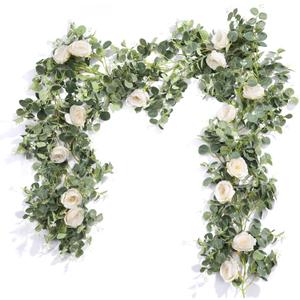 Der Rose 2 Pcs 13Ft Artificial Eucalyptus Flower Garland with Fake Rose Flower Vine Seeded Eucalyptus Leaves Greenery Garland for Wedding Table Runner Backdrop Party Centerpiece Room Decor (White) (White 2 Pcs)