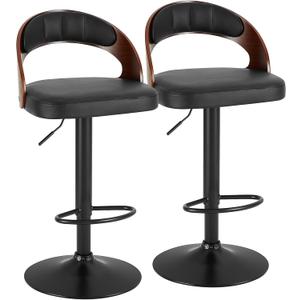 VECELO Bar Stools Set of 2,Counter Height Stools with Bentwood Back&Arm, Swivel Barstools,PU Leather Kitchen Island Stools, Adjustable Height Bar Chairs for Club Pub Dining Room,Black
