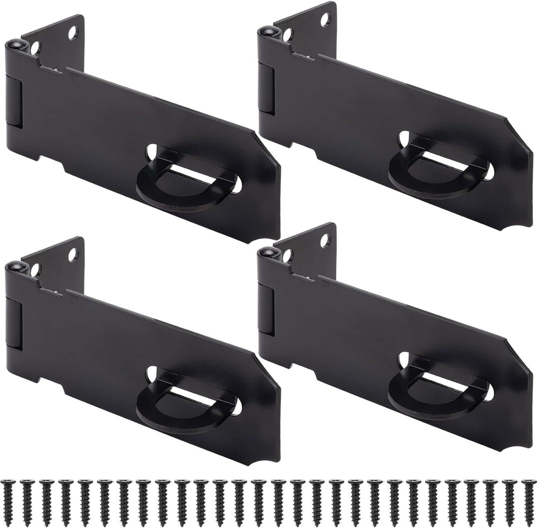 Door Lock Hasp Latch, Thicked Design Latch Lock, Stainless Steel Security Packlock Clasp Hasp Lock Latch for Doors, Black Finish with Screws, 4 Pack(4 Inch)