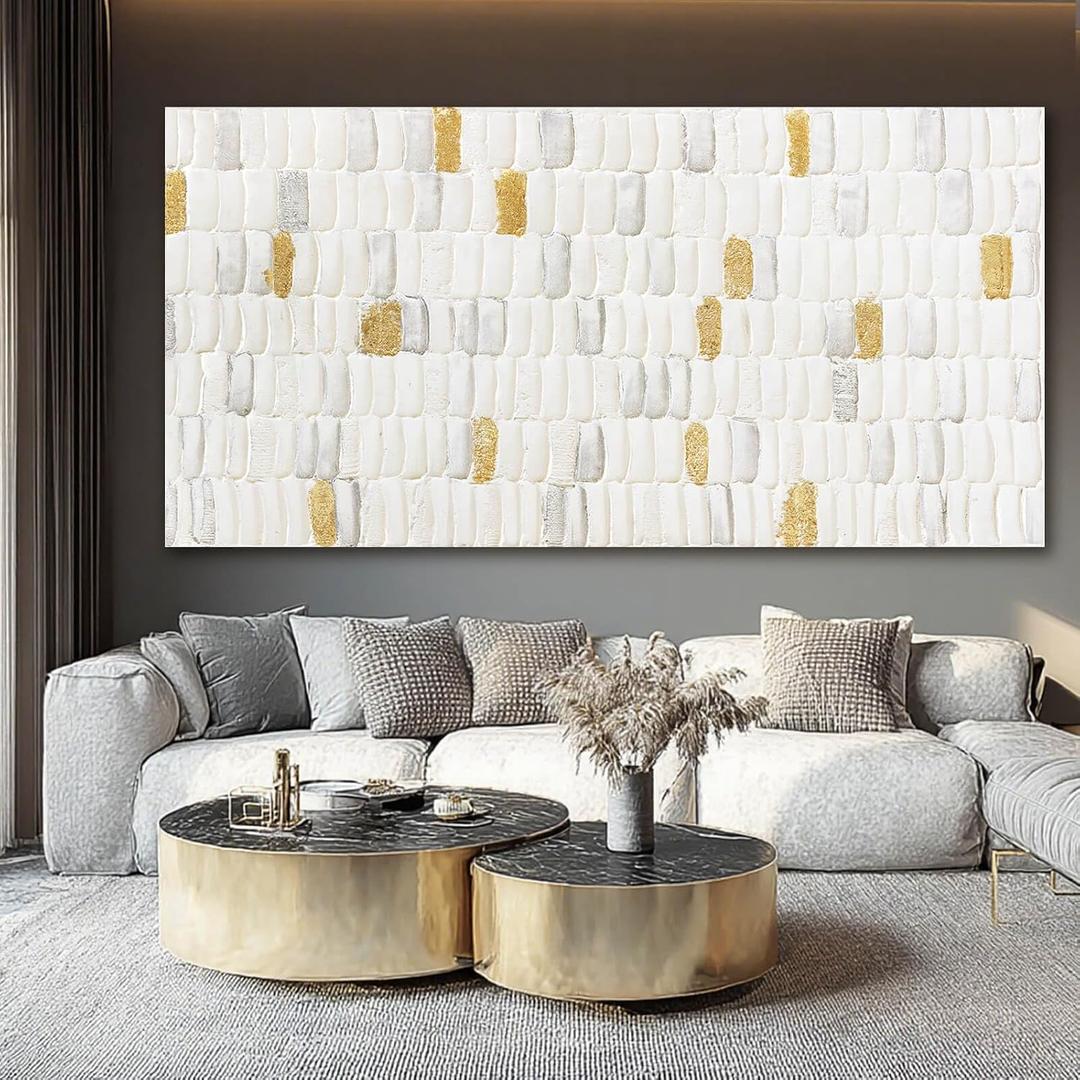 YETHEN WAL White and Gold Textured Wall Art 29x58, Hand-Painted Neutral Abstract Canvas, Gold Leaf Minimalist Oversized Wall Decor for Living Room Bedroom Office