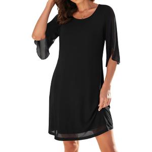 Actcat Women's Casual Loose 3/4 Sleeve Stretch Mesh Wedding Guest Dress Scoop Neck Cocktail Party Formal Dresses (Black, XL)