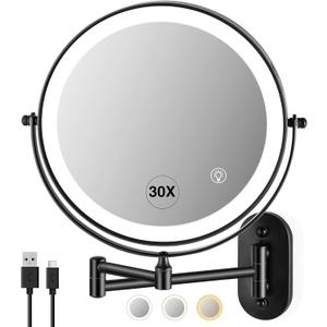 Wall Mounted Makeup Mirror with Light: 30X/1X 8.5'' Double Sided LED Magnifying Bathroom Mirror, Black