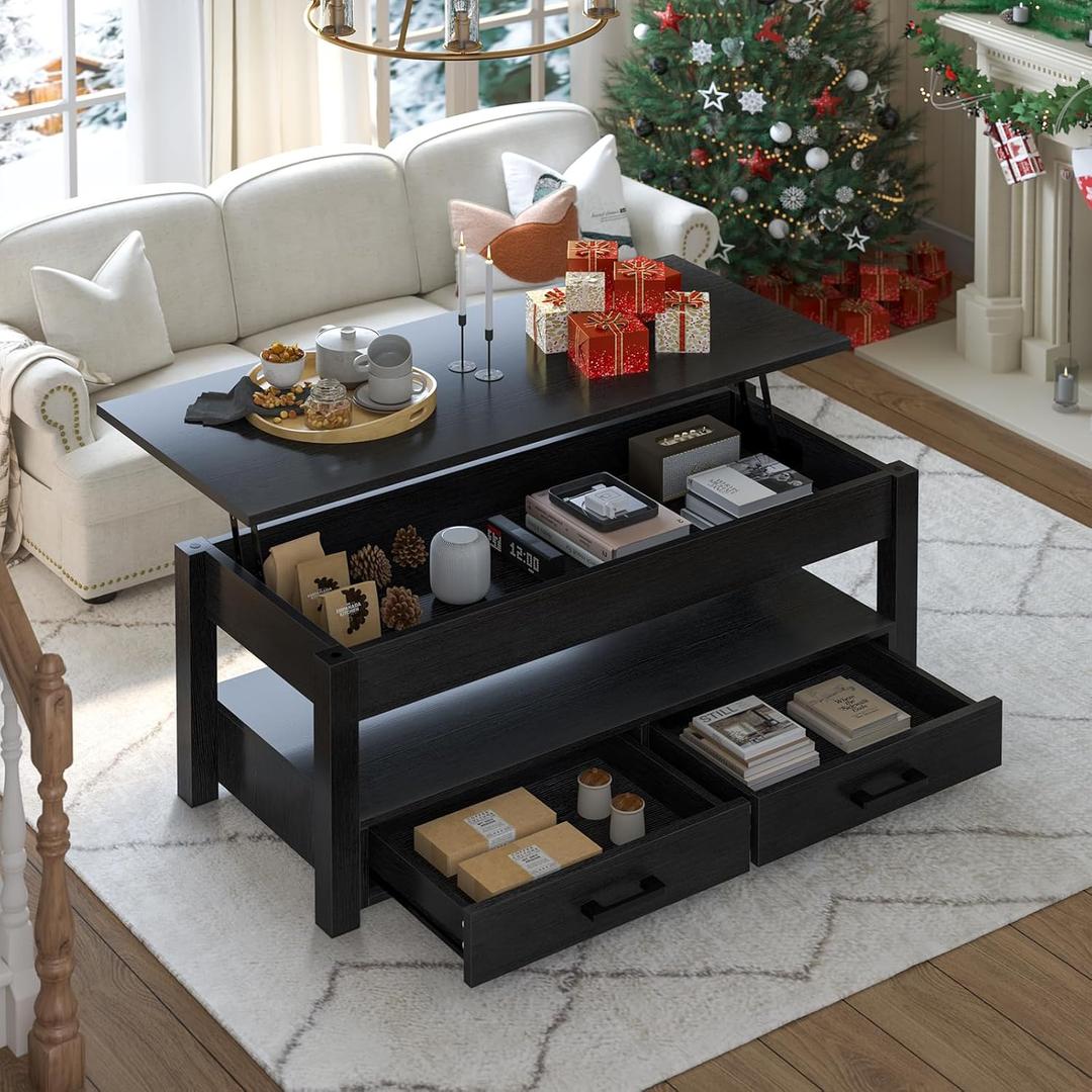 FABATO 41.7'' Lift Top Coffee Table with 2 Storage Drawer Hidden Compartment Open Storage Shelf for Living Room Folding Wood End Table, Black