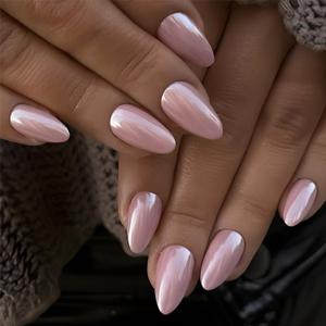 Glazed Pink Press on Nails Medium Almond Fake Nails Glazed Nails Press ons with Design Reusable Artificial Nail Full Cover Glossy Glue on Nail Stick on Nails for Women Manicure 24Pcs