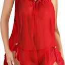 Sexy Bows Split Side Ruffle Lace Mesh Sheer Babydoll Lingerie Dress Nightgown Set with Thong 2 Piece (Large, Bright Red)