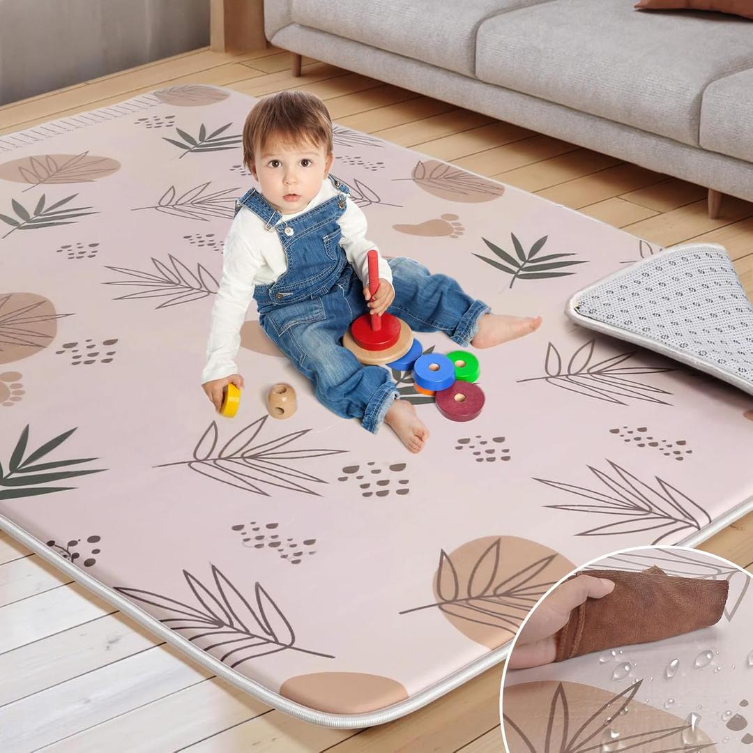 74x50 Playpen Mat Foam Thick, 1 inch Thicker & Waterproof Baby Play Mat for Kids Toddlers Infants Floor Crawling, 1" Cushioning Padded Large Playmat for Indoor Outdoor, Gift for Boys Girls, Boho (Beige Bamboo Leaf)