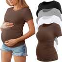 Huukeay 4 Pack Women's Maternity Shirts, Crew Neck Maternity Top Short Sleeve Casual Cotton Tee Side Ruched Pregnancy Clothes (Medium, Black, White, Light Gray, Coffee)