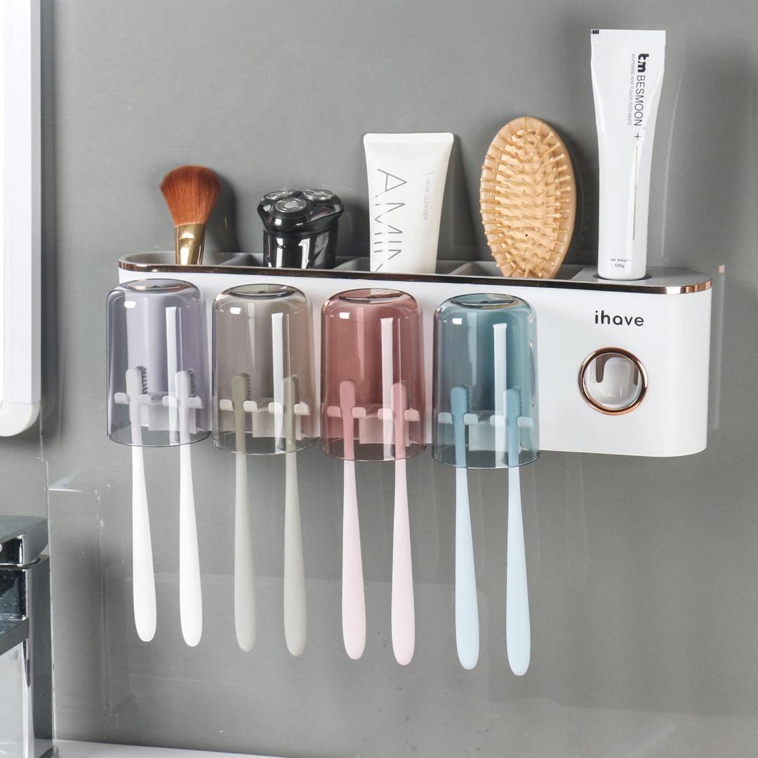 iHave Toothbrush Holders Bathroom Accessories with Toothpaste Dispenser, 4 Cups Toothbrush Holder Wall Mounted Bathroom Decor, Was used