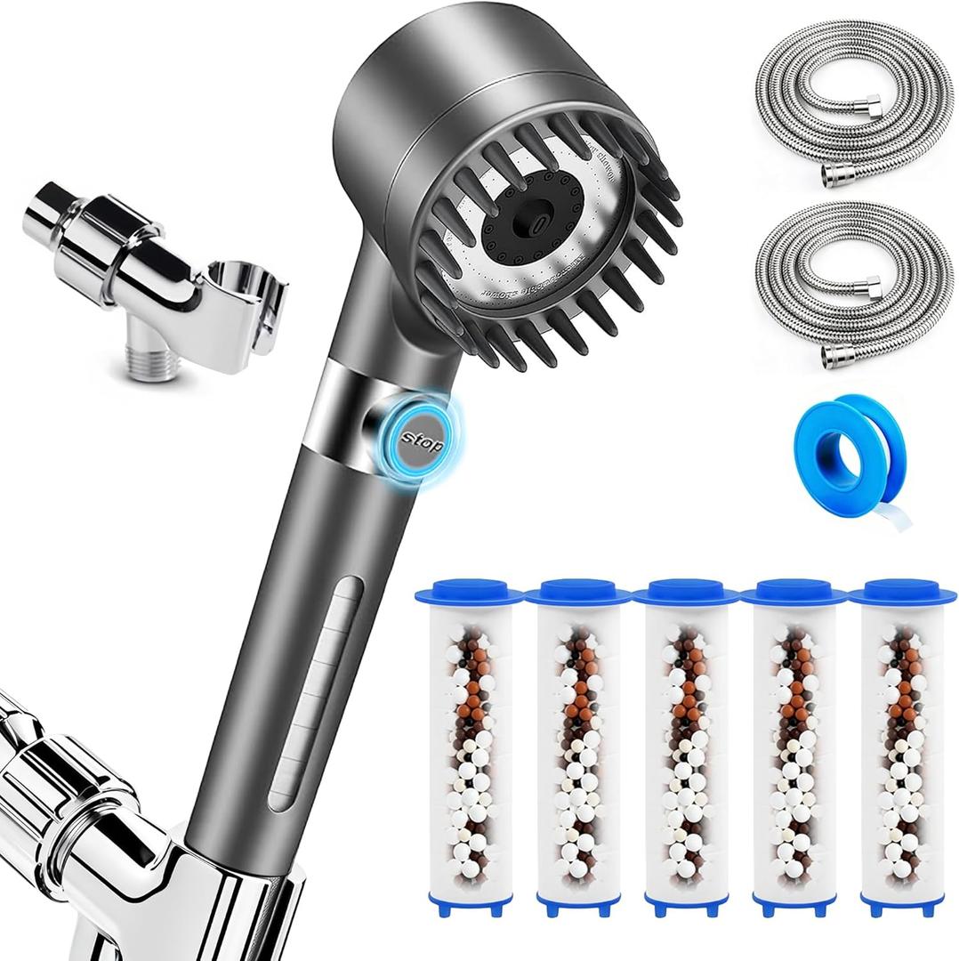 High Pressure Shower Head Ionic Technology Filtered with Handheld, Powerful Water Flow and 3 Spray Modes Shower Head, 5 Replaceable Filters,2 Hoses Power Wash for Hard Water, with ON/OFF Switch