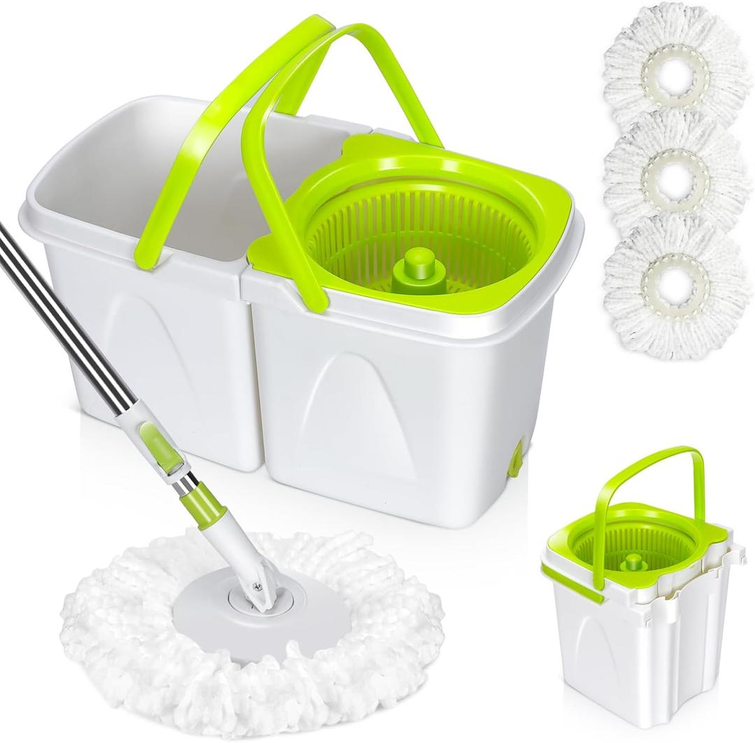 Masthome Mop and Bucket with Wringer Set, Small Spin Mops with Bucket Detachable and 3 Microfiber Mop Pads, 50" Microfiber Spin Mop for Hardwood Laminate Ceramic Marble Tile Floor Cleaning (White)