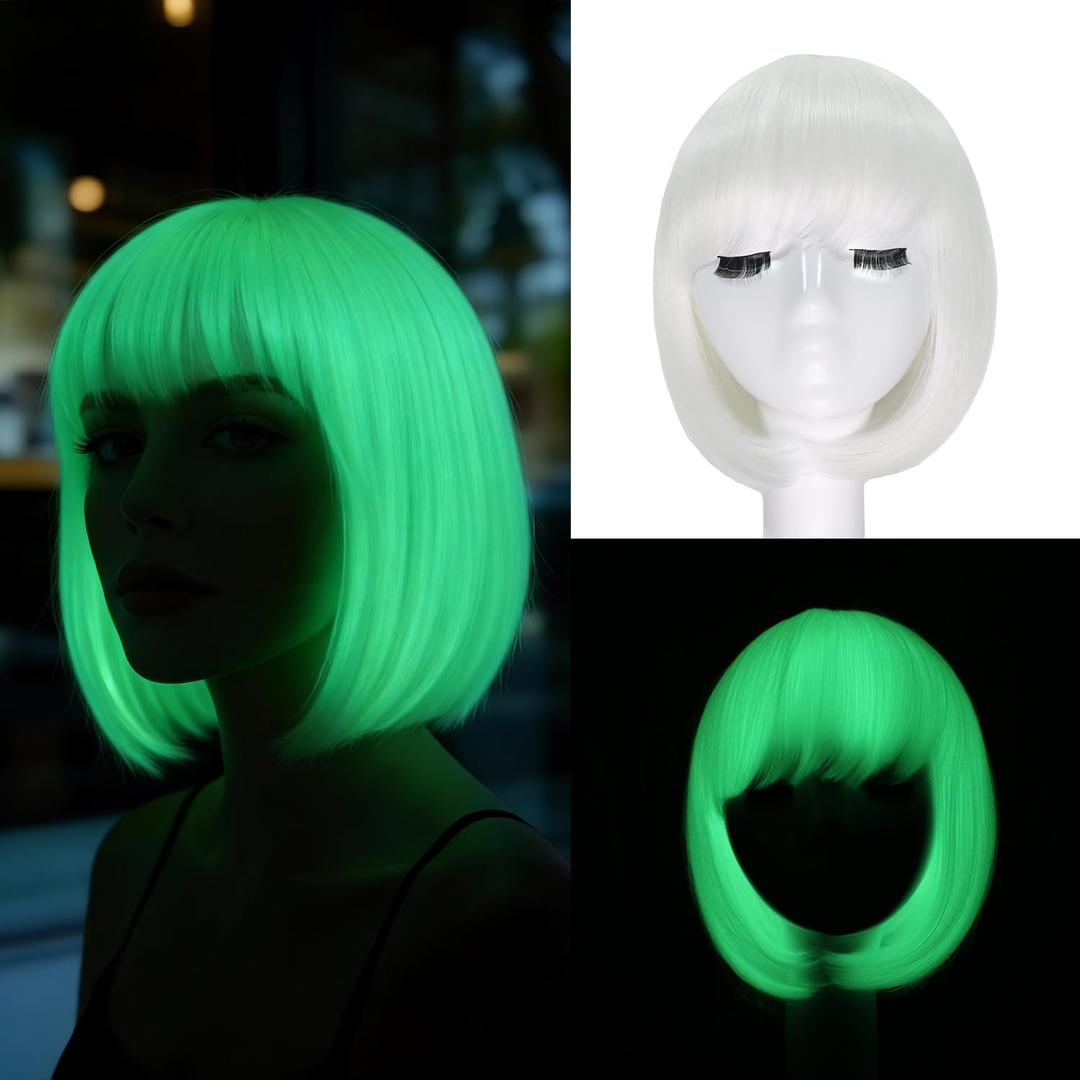 Glow in the Dark White Bob Wig with Bangs Short Straight Synthetic Hair 10 Inch for Women