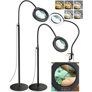 10X Magnifying Glass with Light and Stand, 3-in-1 LED 5 Color Modes Stepless Dimmable Magnifying Floor Lamp24" Flexible Gooseneck Lighted Magnifier for Reading,Close Work,Sewing,Crafts,Esthetican