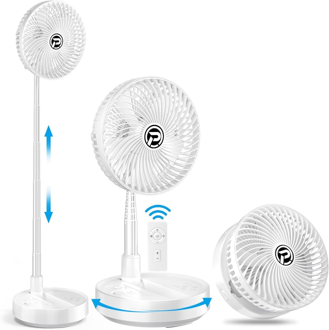 MORECORE Foldable Oscillating Standing Fan, 10000mAh Battery Operated Outdoor Fan, 8" USB Input & Output, Quiet Pedestal Fan for Camping Travel Room-White