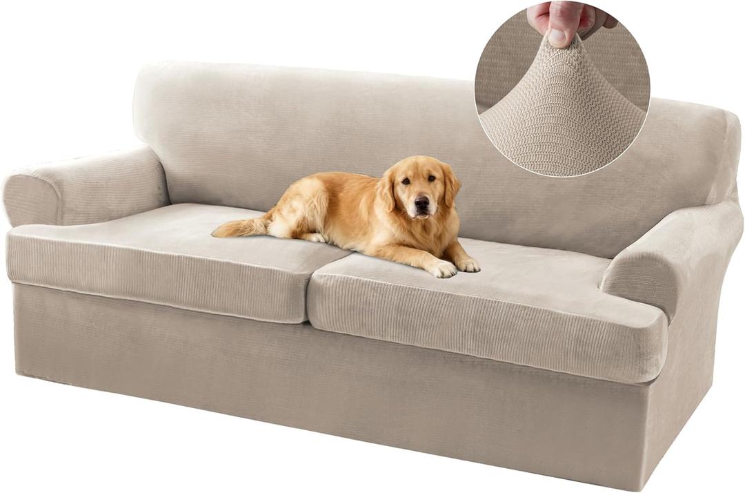 T Cushion Sofa Slipcover 3 Piece Sofa Covers for 2 Large Cushion Couch Thick Velvet Couch Cover Stretch Furniture Covers with 2 Individual T Cushion Covers, Washable (2 Cushion Sofa, French Oak)