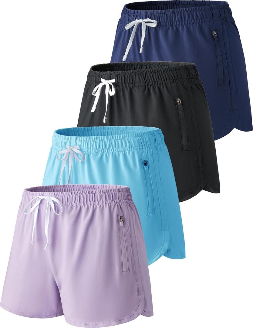 4 Pack Youth Girls Athletic Shorts 3", Girls Soccer Shorts, Kids Workout Gym Clothes Activewear Apparel with Zipper Pockets (Large, Set 2: Lavender/Baby Blue/Navy/Black)