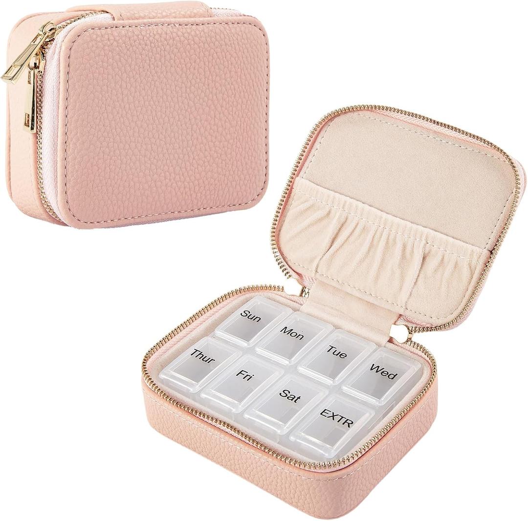 Weekly Pill Organizer Pink Portable Leather Travel Pill Organizer 7 Day with Detachable 8 Compartments, Cute Travel Pill Case for Vitamins & Medication, Weekly Medicine Container with Secure Zipper