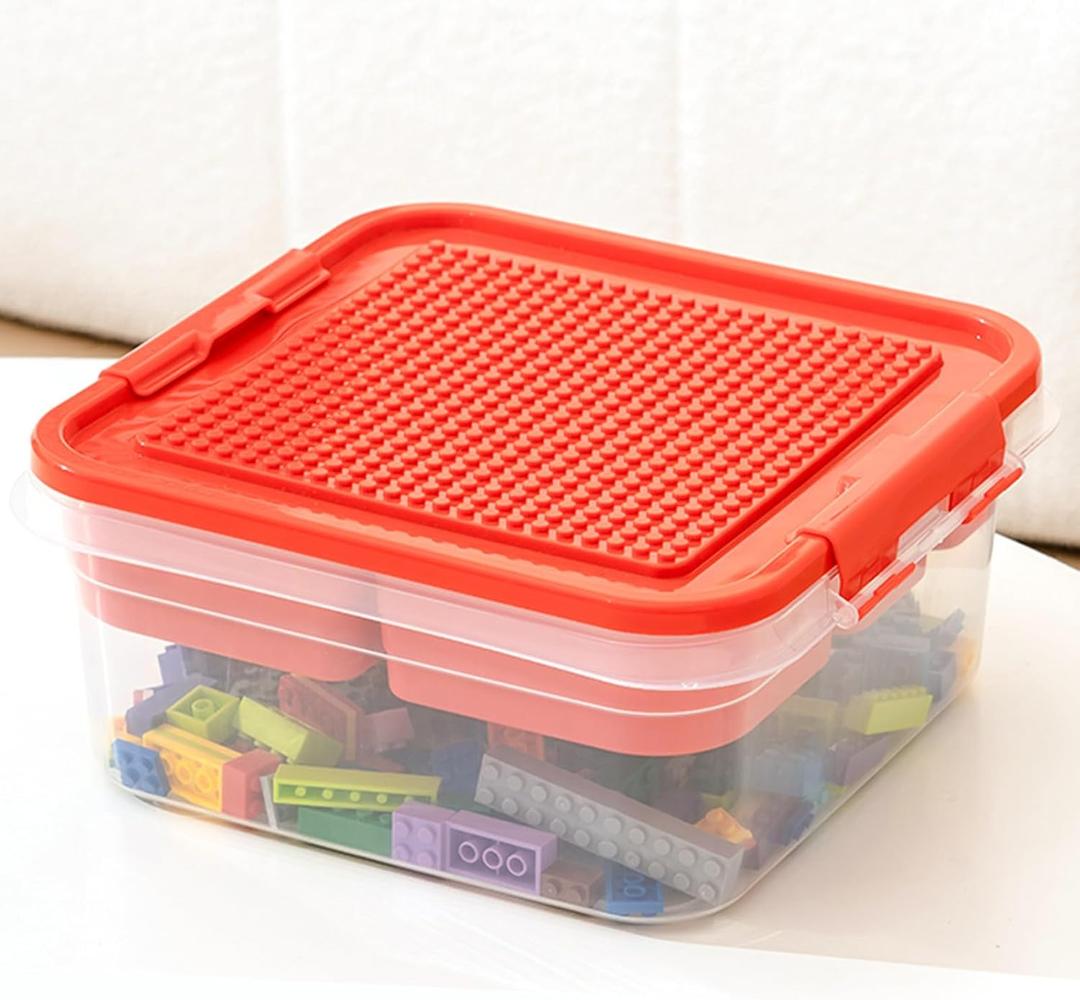 Toys Storage Organizer Bins for Lego, Building Blocks Storage with Building Baseplate Lid, Storage Containers for Building Brick Storage Plastic Stackable Organizer Bin Toy Chest (Red)