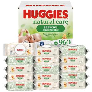 Huggies Natural Care Sensitive Baby Wipes, Unscented, Hypoallergenic, 99% Purified Water, 15 Flip-Top Packs (960 Wipes Total)