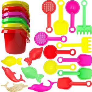 The Dreidel Company Mini Beach Day Playsets (Pack of 6) 3.25" Sand Bucket Play Set Box Includes, Pail, Shovel, Rake, Sifter Scoop, Dolphin Fish Sand Trays Toy for Boys and Girls Birthday Party Favor