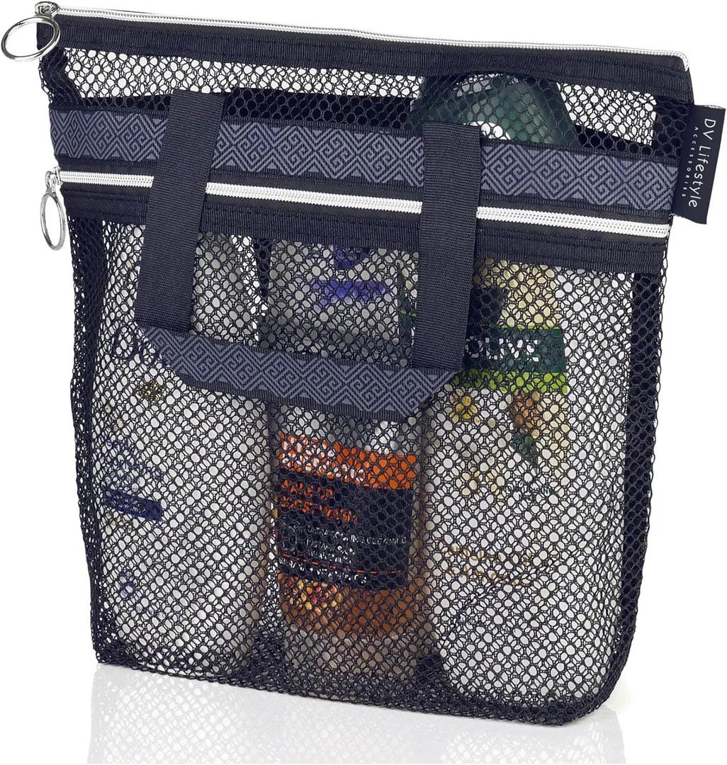 Mesh Shower Bag 10.2x9.9'' Quick-Dry Caddy with Zipper & 2 Pockets. Portable Toiletry Tote for Bathroom, Gym, Travel, Camp, Beach, for Sunscreen, Dorm & College Essentials (Black) (Small)